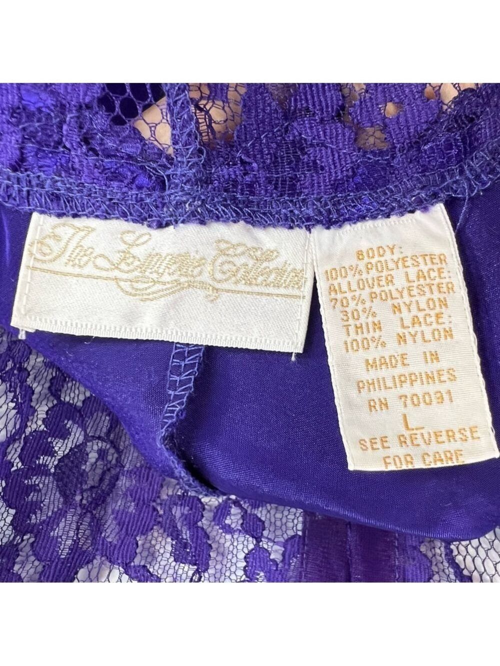 Vintage 80s 90s purple satin sheer lace bodice romper teddy negligee lingerie L - Picture 14 of 15